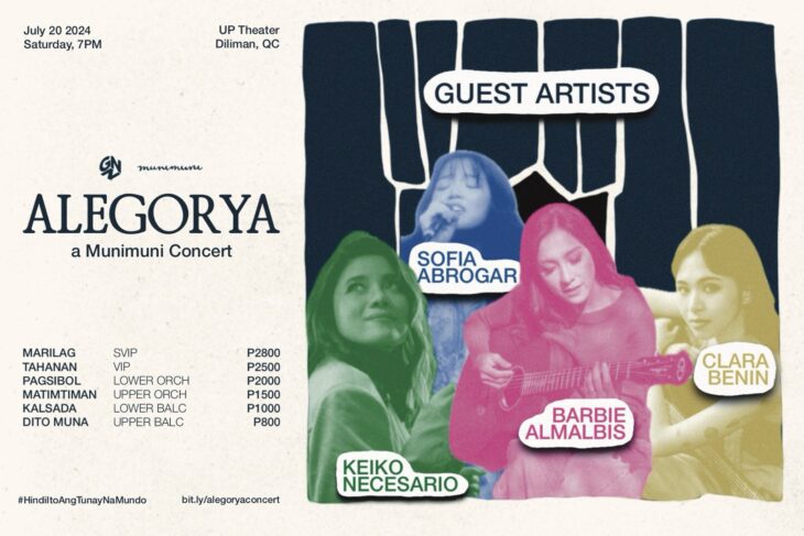 Barbie Almalbis, Clara Benin, Keiko Necesario, and Any Names Okay’s Sofia Abrogar to join ALEGORYA: A Munimuni Concert