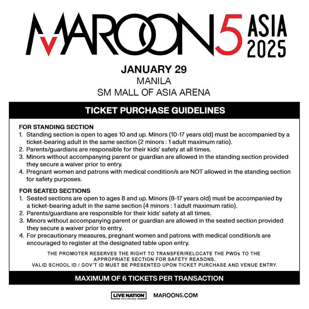 Maroon 5 Live in Manila Ticket Guidelines