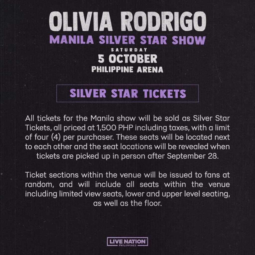 Olivia Rodrigo Live in Manila Silver Star Tickets